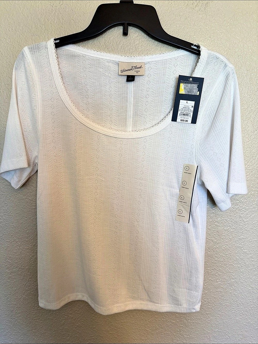 Universal Thread Women's Short Sleeve Scoop Neck Pointelle Blouse White Large
